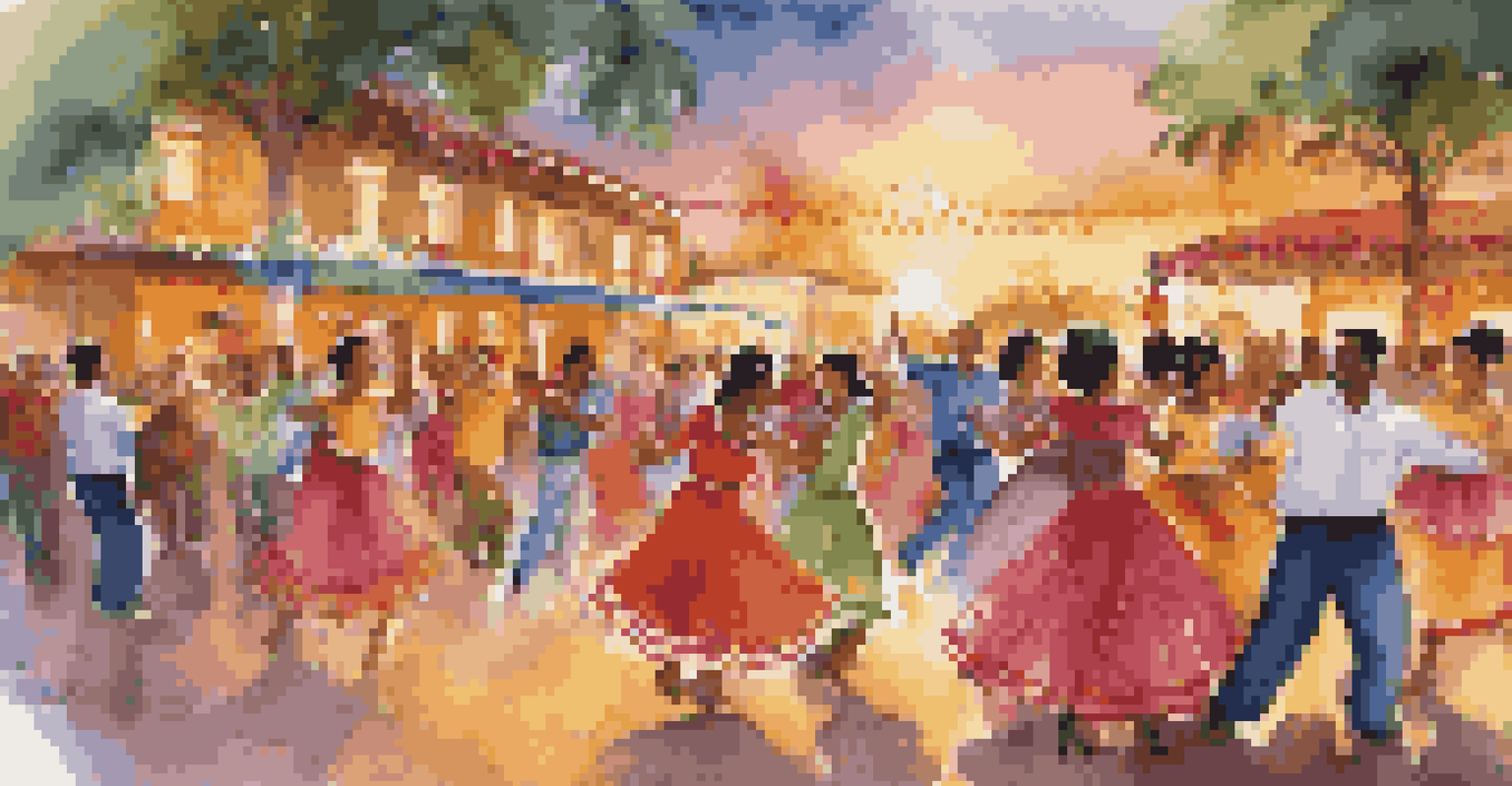 A group of dancers in colorful costumes performing Salsa at a lively Latin American festival.