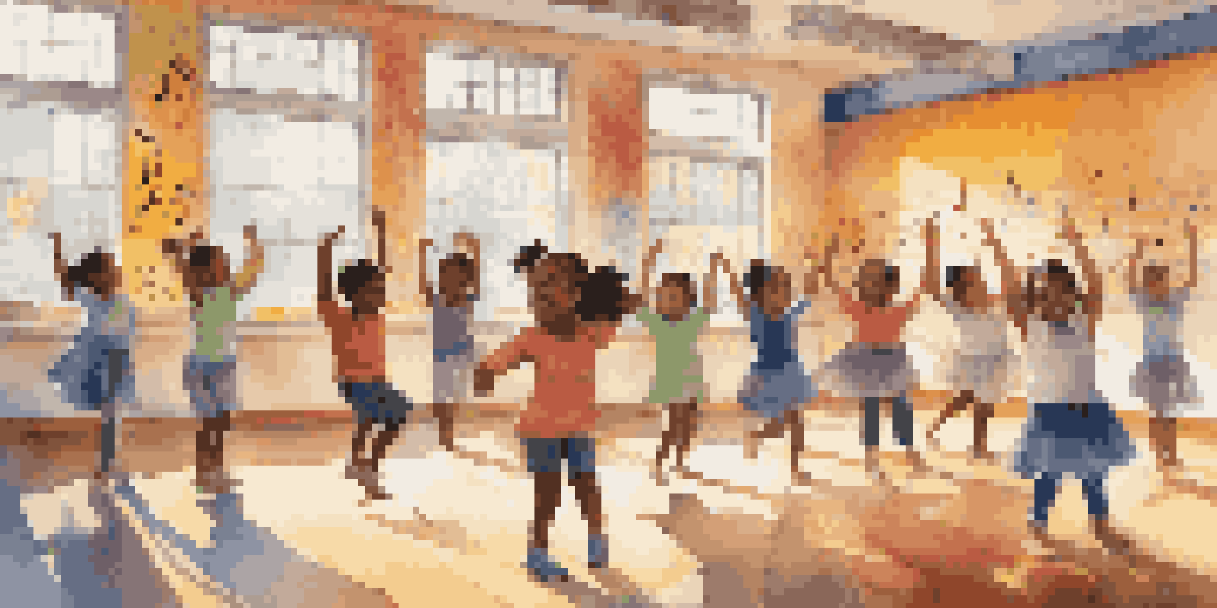 A lively classroom with children dancing joyfully, illuminated by sunlight pouring through windows, surrounded by colorful decorations.