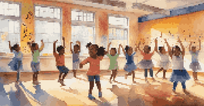 A lively classroom with children dancing joyfully, illuminated by sunlight pouring through windows, surrounded by colorful decorations.