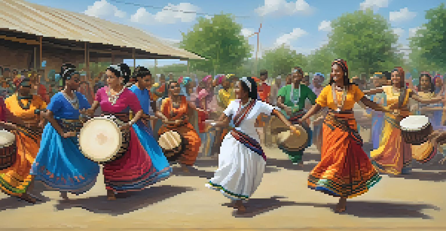 A vibrant community dance event showcasing diverse cultural styles, with participants engaged in African drumming and Indian classical dance.