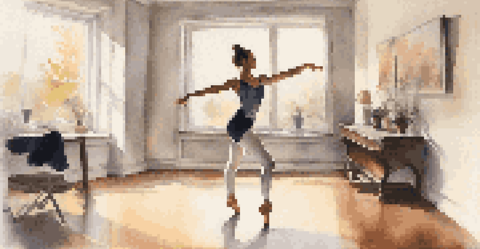 A dedicated dancer practicing in front of a laptop while taking a live-streamed dance class, with natural light illuminating the space.
