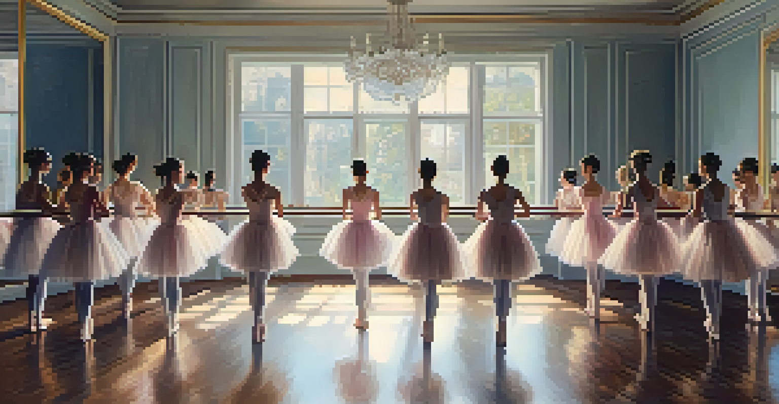 A peaceful ballet class with neurodiverse dancers in traditional attire practicing in a beautifully lit studio.