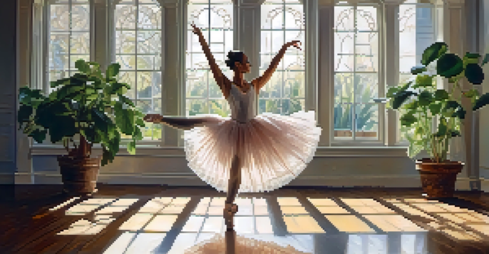 A ballet dancer in a sunlit studio striking an elegant pose, with reflections in the mirrors and a tutu adorned with lace patterns.