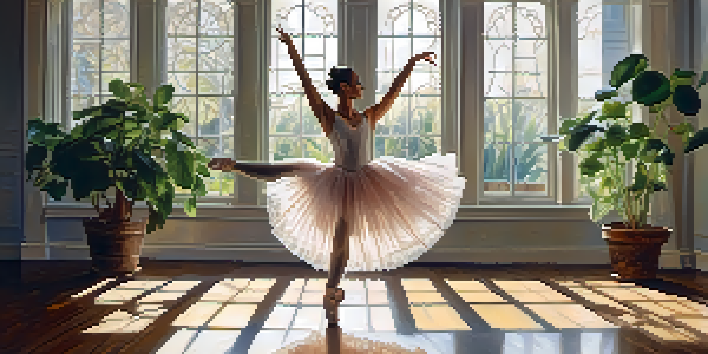 A ballet dancer in a sunlit studio striking an elegant pose, with reflections in the mirrors and a tutu adorned with lace patterns.
