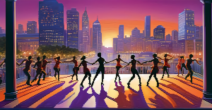 A group of dancers performing in an urban environment, with colorful lights and a city skyline in the background.