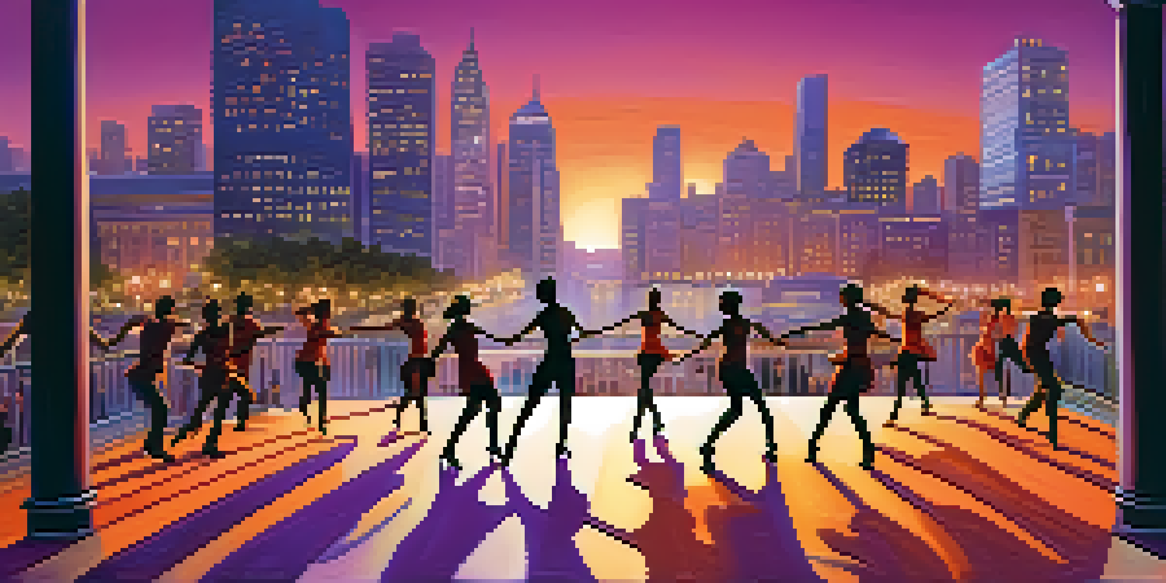 A group of dancers performing in an urban environment, with colorful lights and a city skyline in the background.