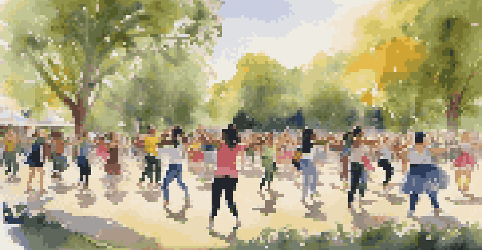 A lively outdoor dance workshop in a park, featuring a diverse group of dancers practicing in a sunny environment, surrounded by greenery.