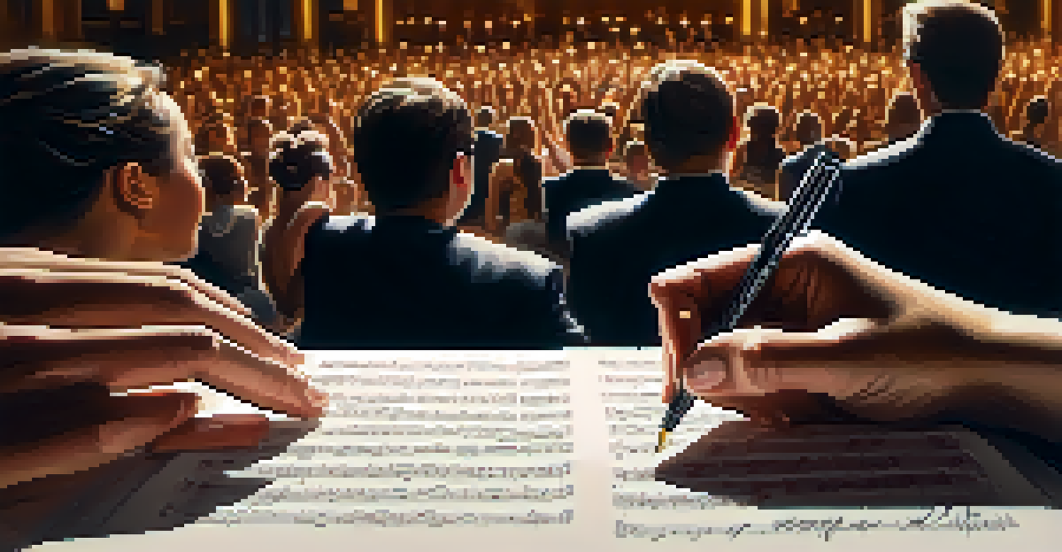 A judge taking notes on a score sheet with blurred dancers performing in the background.