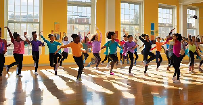 A lively dance class in a school setting with diverse students practicing choreography in a bright and colorful environment.