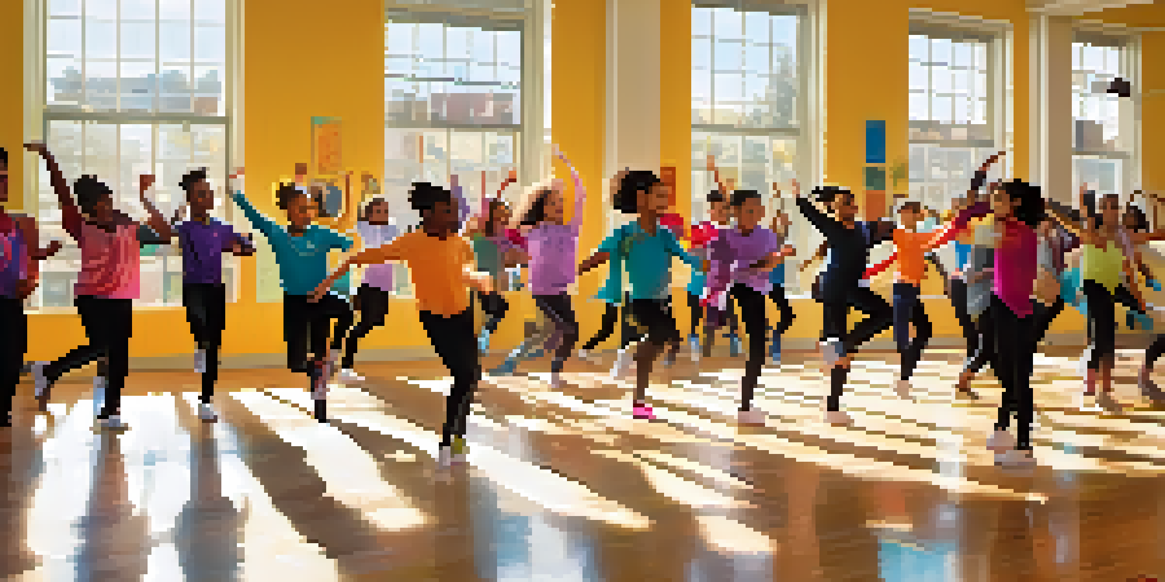 A lively dance class in a school setting with diverse students practicing choreography in a bright and colorful environment.