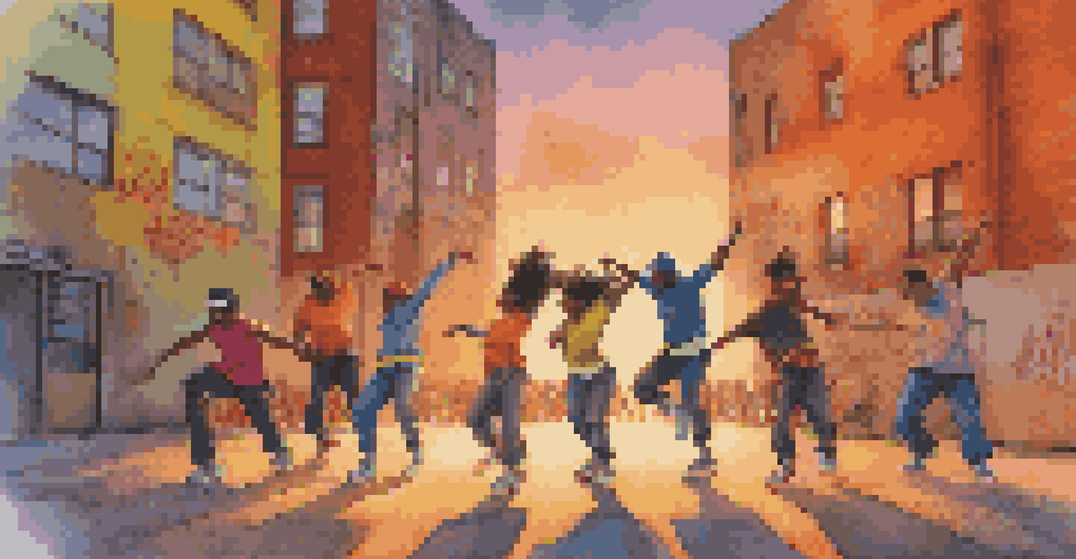 Aerial view of a group of dancers in colorful streetwear performing a hip-hop routine in an urban environment with graffiti.