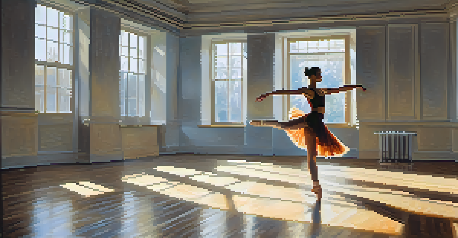A young dancer rehearsing alone in a sunlit studio, with warm sunlight streaming through windows and mirrors reflecting their graceful movements.
