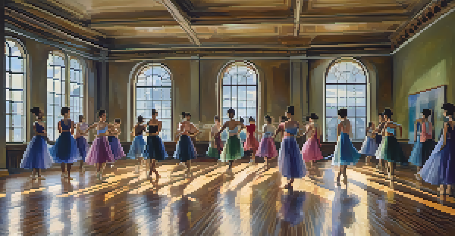 A choreographer demonstrating a dance move in a bright studio with dancers watching in the background.