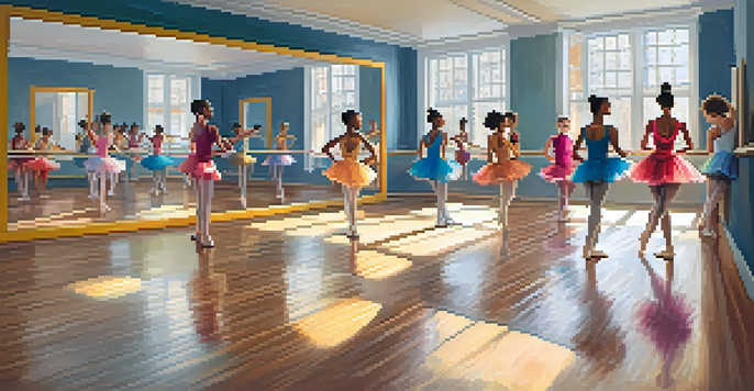 A vibrant home dance studio with dancers of various backgrounds practicing together in front of mirrors.