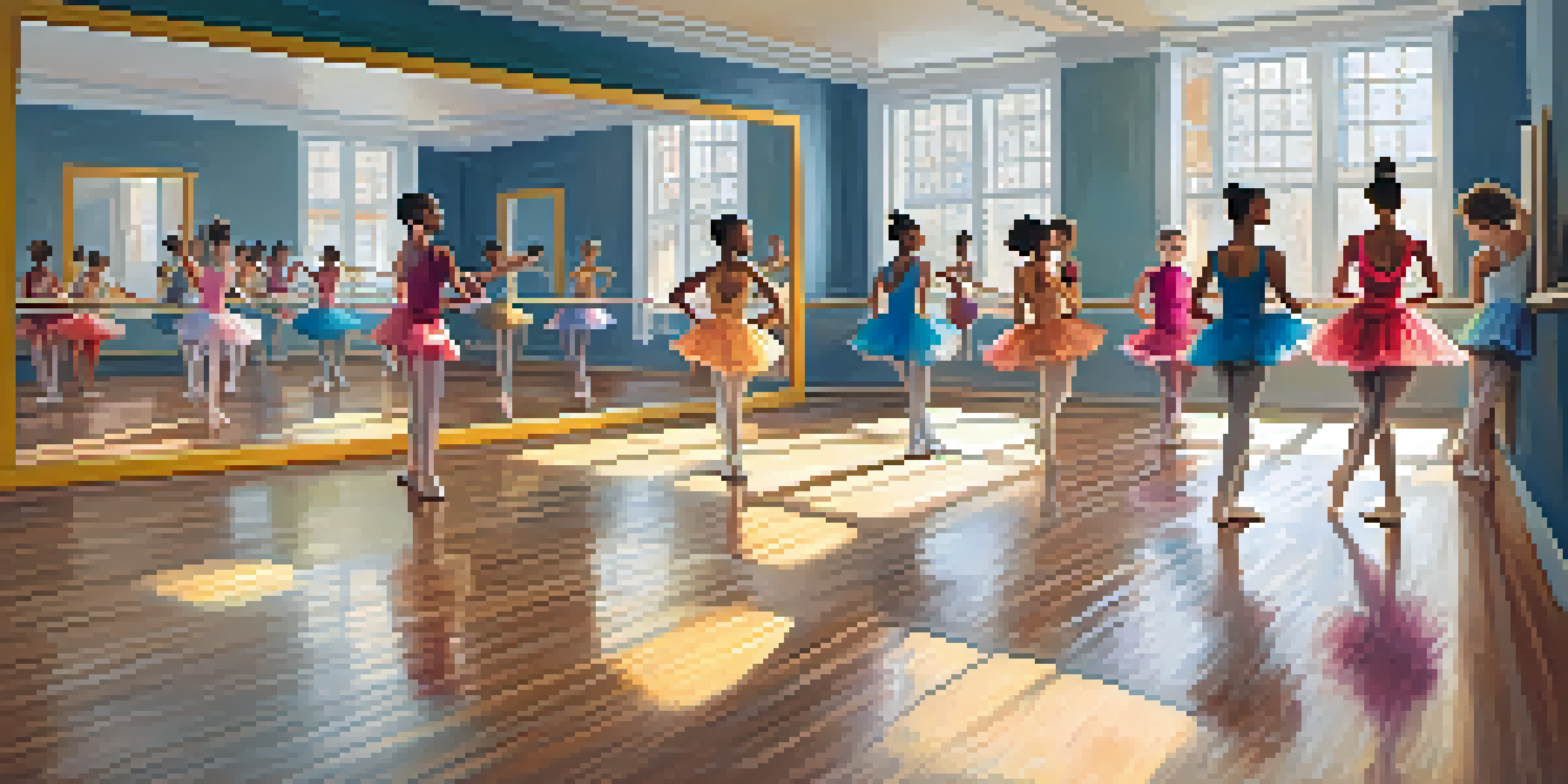 A vibrant home dance studio with dancers of various backgrounds practicing together in front of mirrors.