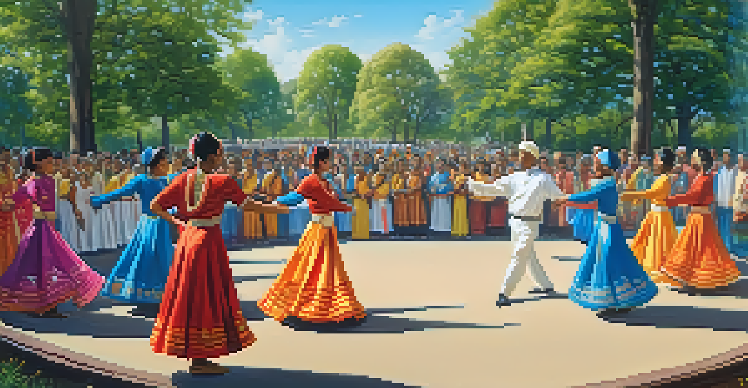Performers in traditional attire dancing in a park setting during a multicultural dance showcase, with an audience enjoying the performance.