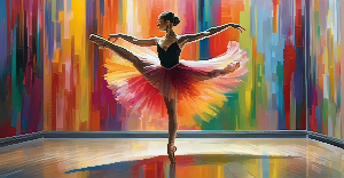A ballerina dancing in front of an abstract painting with soft lighting, showcasing the connection between dance and visual arts.