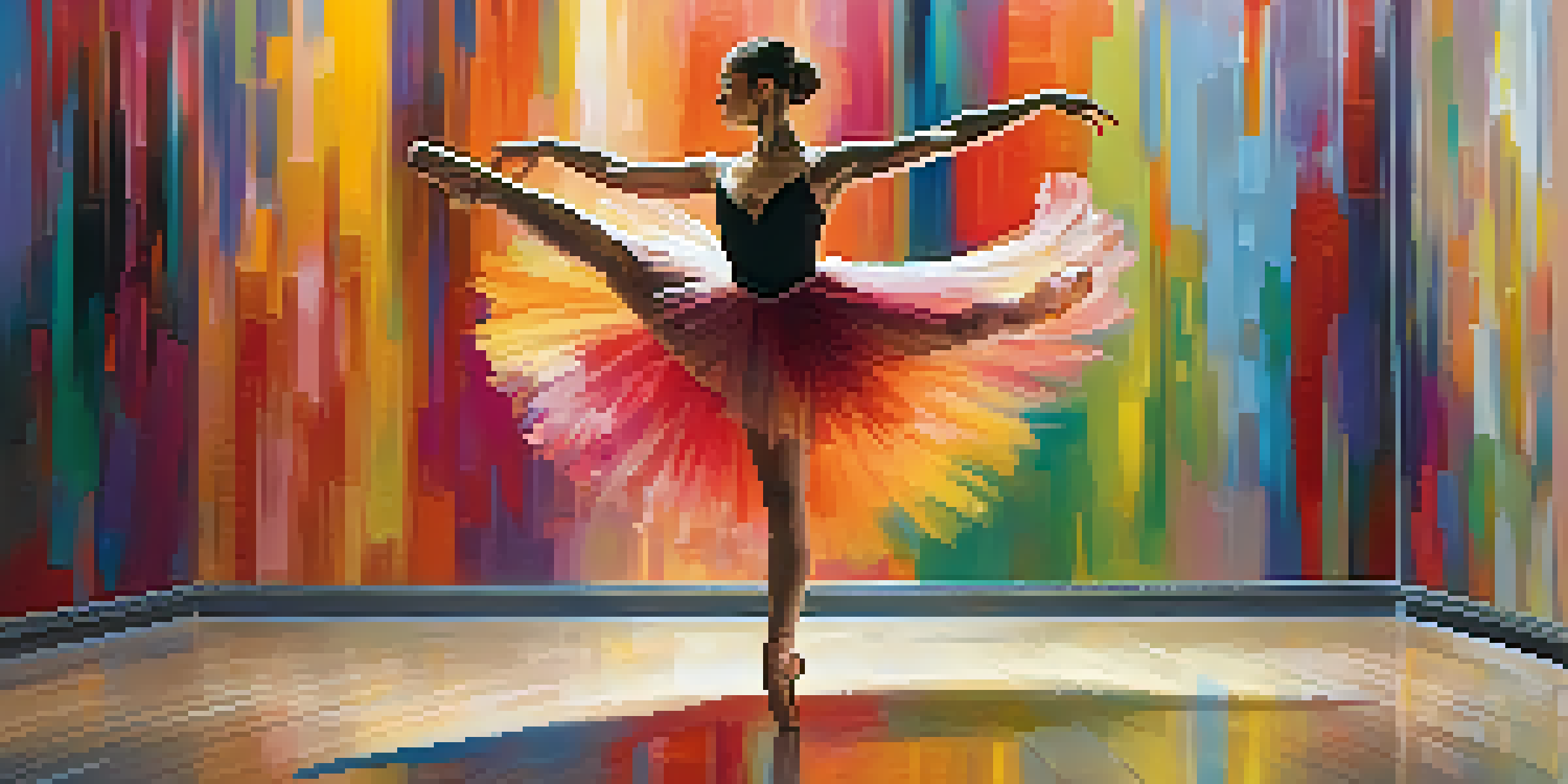 A ballerina dancing in front of an abstract painting with soft lighting, showcasing the connection between dance and visual arts.