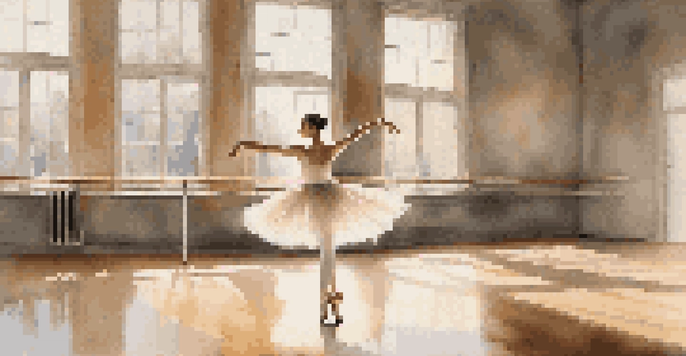 A ballet dancer performing a pirouette in a softly lit studio with wooden floors and mirrors.