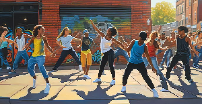 A colorful urban dance scene with diverse dancers performing various dance styles against a graffiti backdrop.
