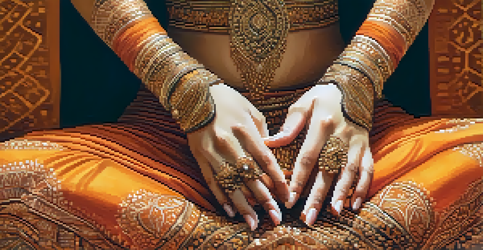 A close-up of a dancer's hands performing traditional mudras, highlighting intricate henna designs and soft warm lighting.