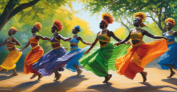 A group of dancers in colorful outfits performing a traditional African dance in a natural setting, surrounded by trees and sunlight.