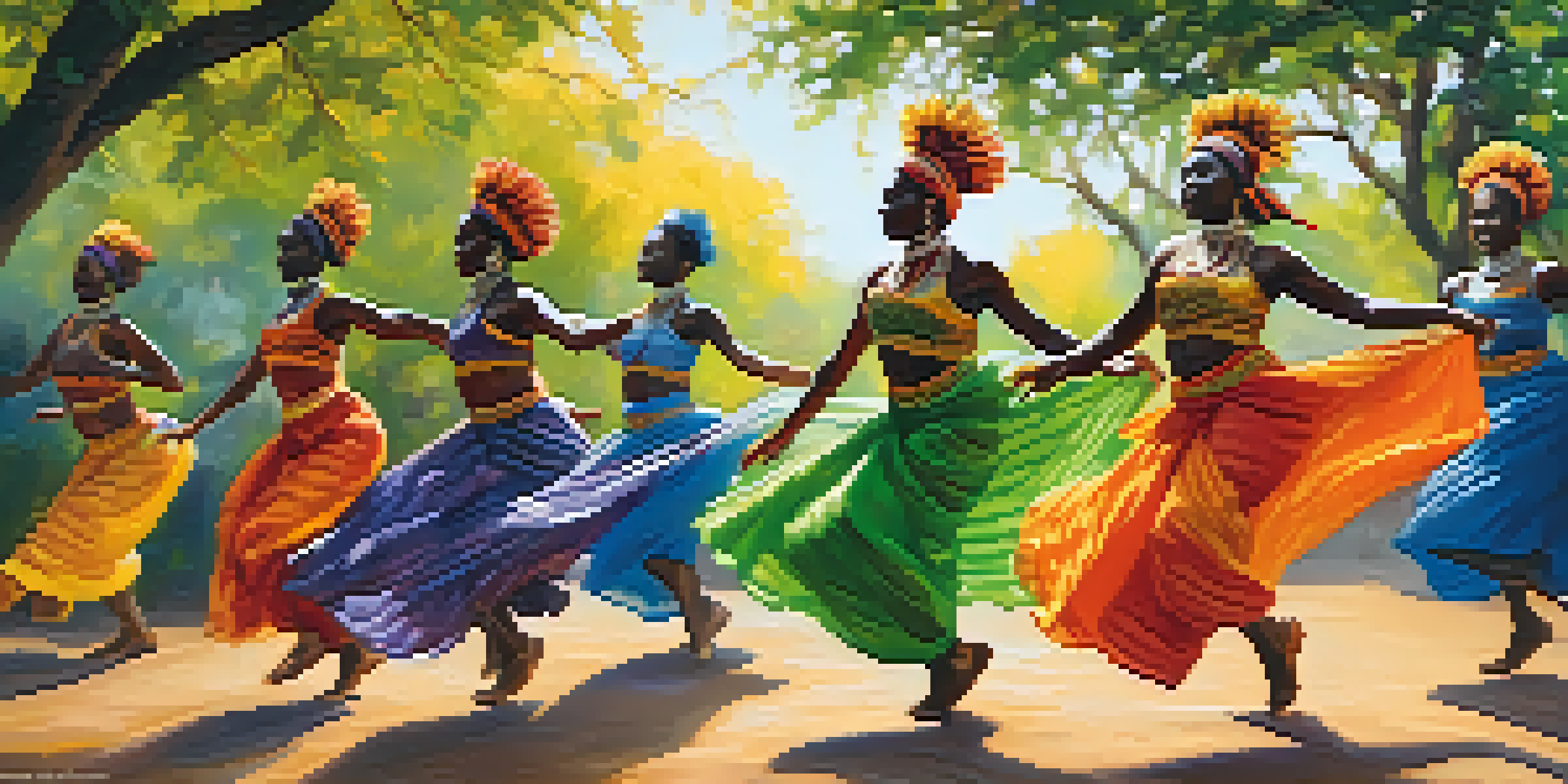 A group of dancers in colorful outfits performing a traditional African dance in a natural setting, surrounded by trees and sunlight.