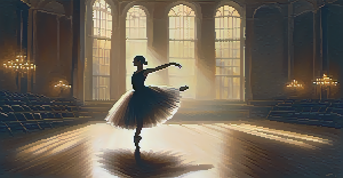 A ballet dancer in a tutu performing a pirouette on stage, illuminated by a spotlight with a blurred audience in the background.