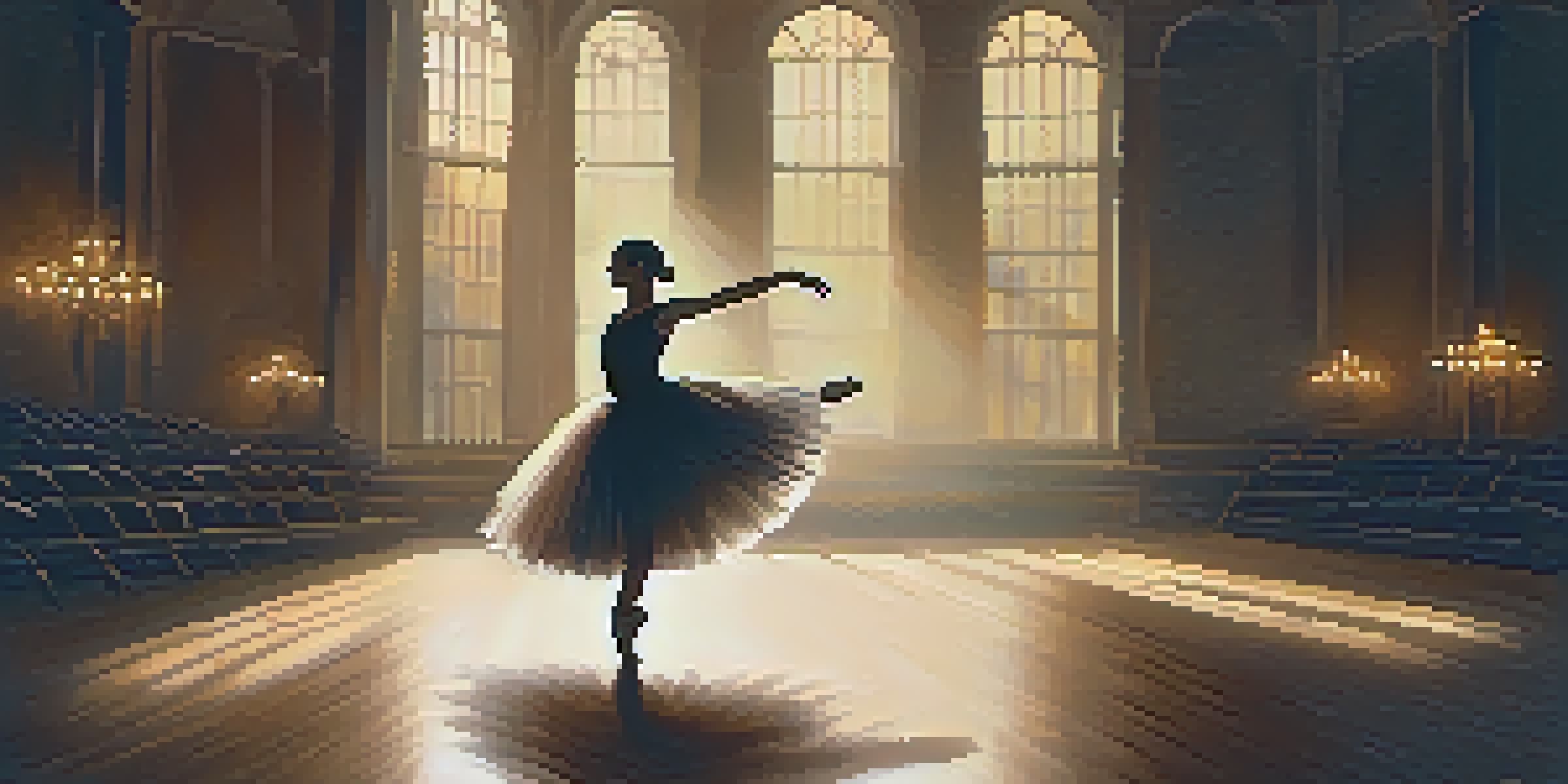 A ballet dancer in a tutu performing a pirouette on stage, illuminated by a spotlight with a blurred audience in the background.