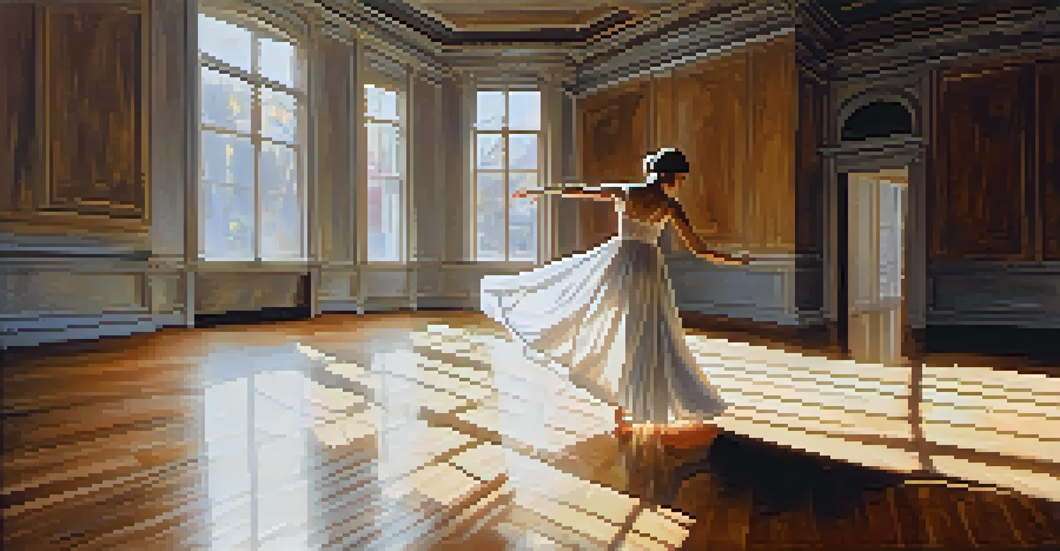 A woman in a flowing white dress practicing modern dance in an intimate indoor setting, with mirrors and soft lighting.