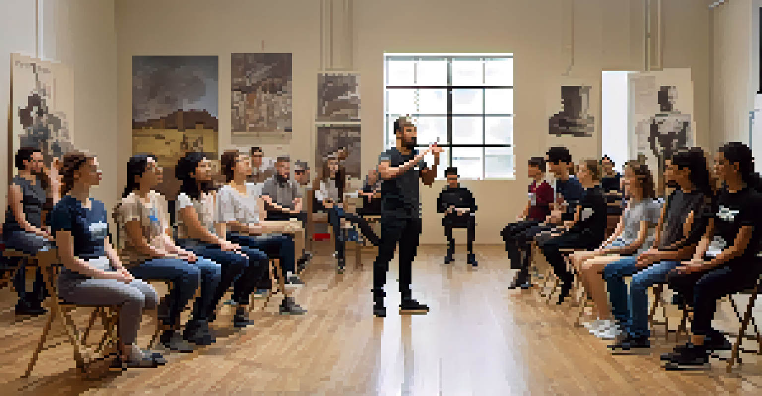 An acting workshop with participants practicing breath control techniques under the guidance of an instructor.