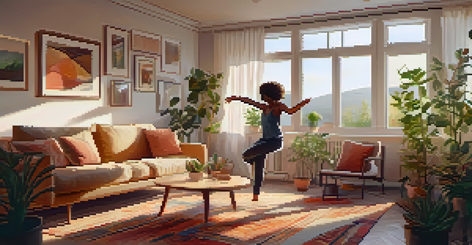 A person dancing freely in a cozy living room, surrounded by warm colors and plants, expressing joy.