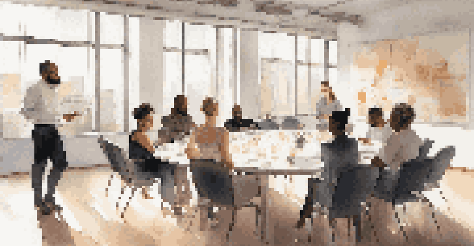A diverse ballet company meeting in a conference room, discussing cultural sensitivity and collaboration, with natural light and materials on the table.