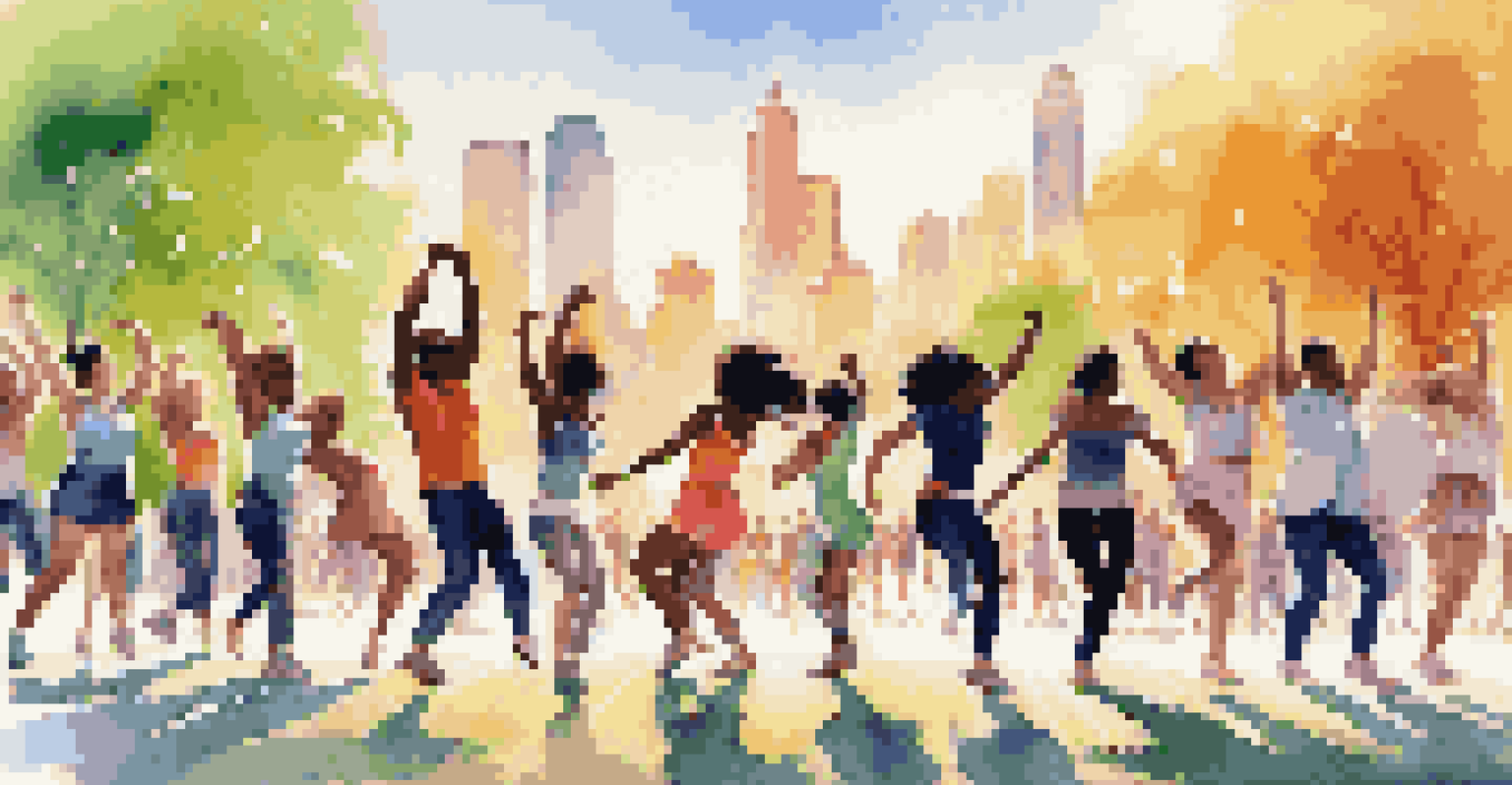 Dancers performing in a vibrant outdoor setting, showcasing various dance styles against a city skyline backdrop.