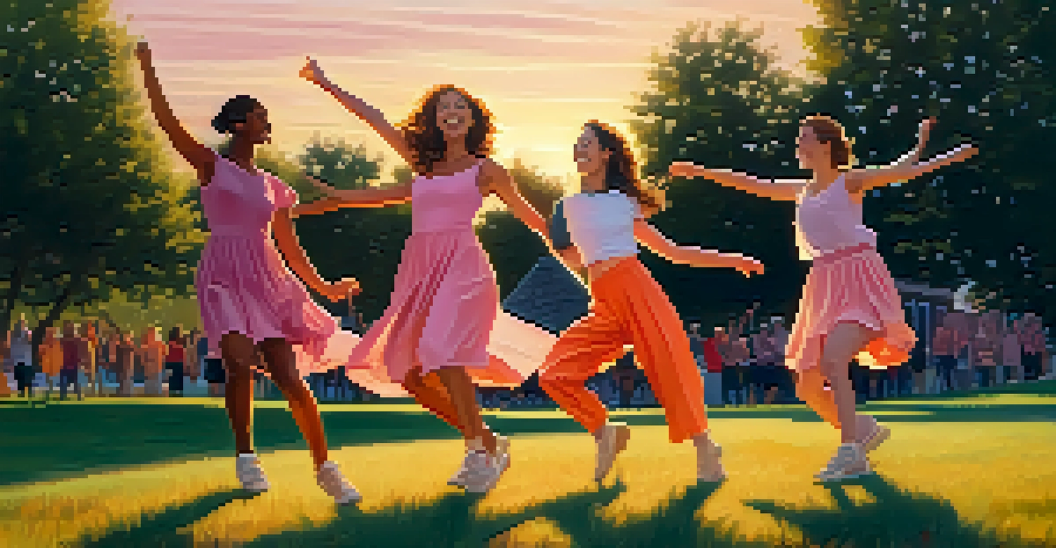 Friends dancing joyfully in a park at sunset with colorful skies.