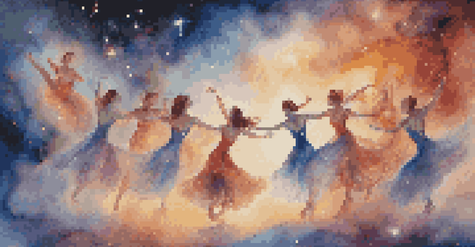 Dancers performing in a cosmic setting filled with swirling stars and colorful nebulae, showcasing a magical atmosphere.