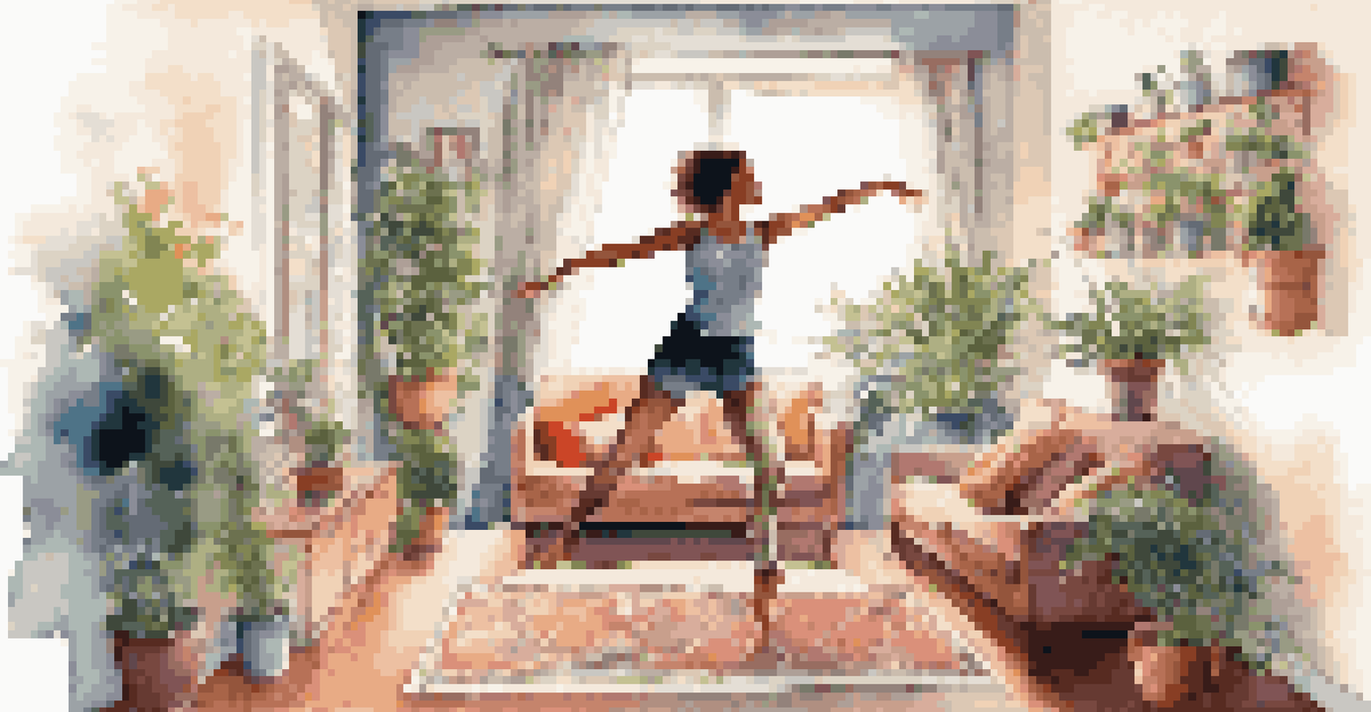 A person dancing freely in a cozy living room filled with plants and cushions, expressing joy and self-expression.