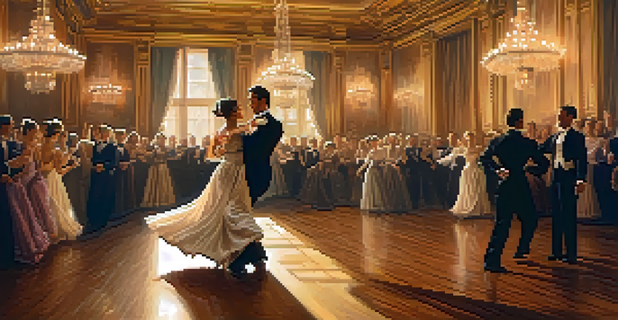 A couple dancing elegantly in a ballroom, their costumes flowing and the warm lighting creating a magical atmosphere.
