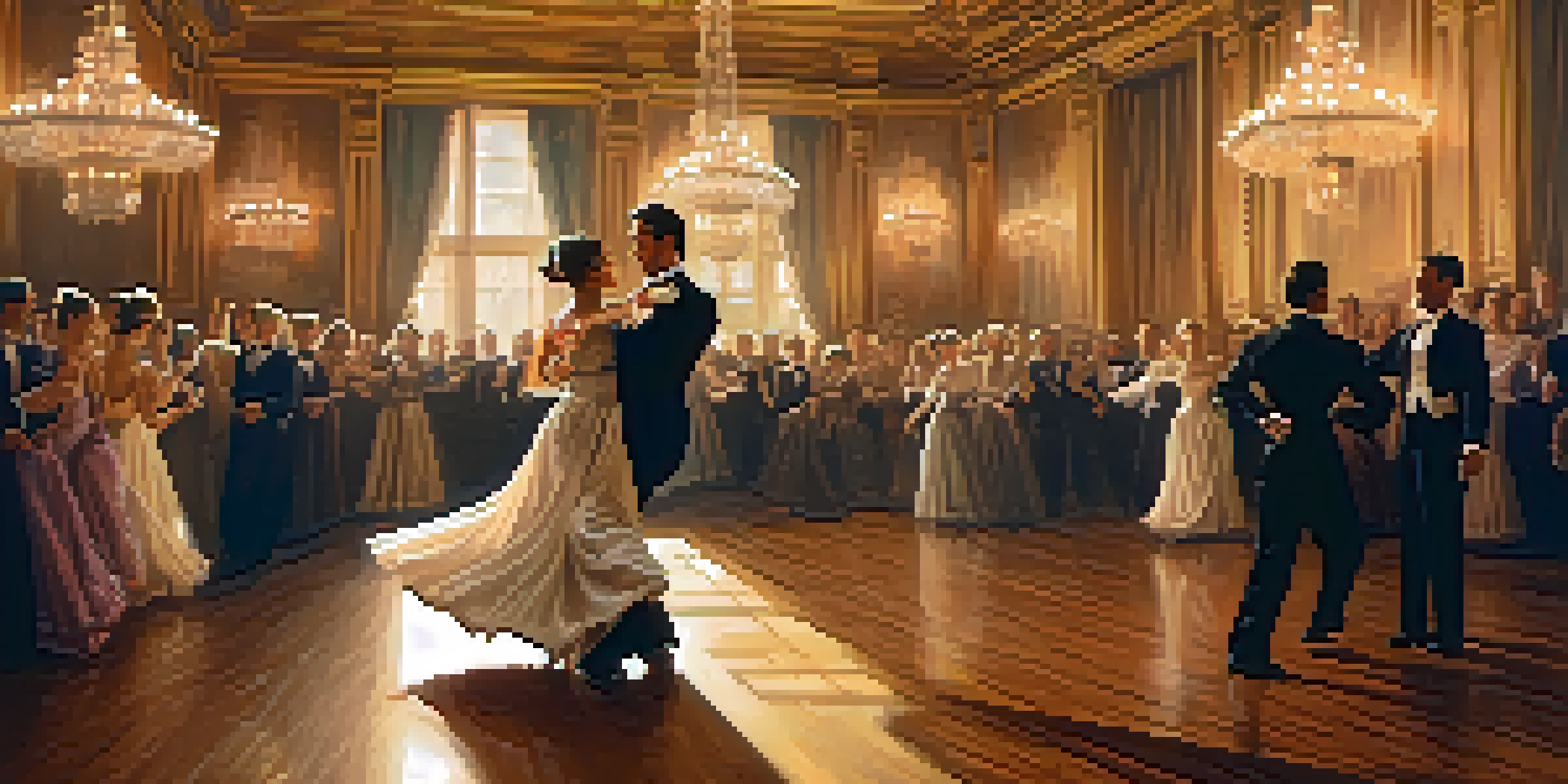A couple dancing elegantly in a ballroom, their costumes flowing and the warm lighting creating a magical atmosphere.