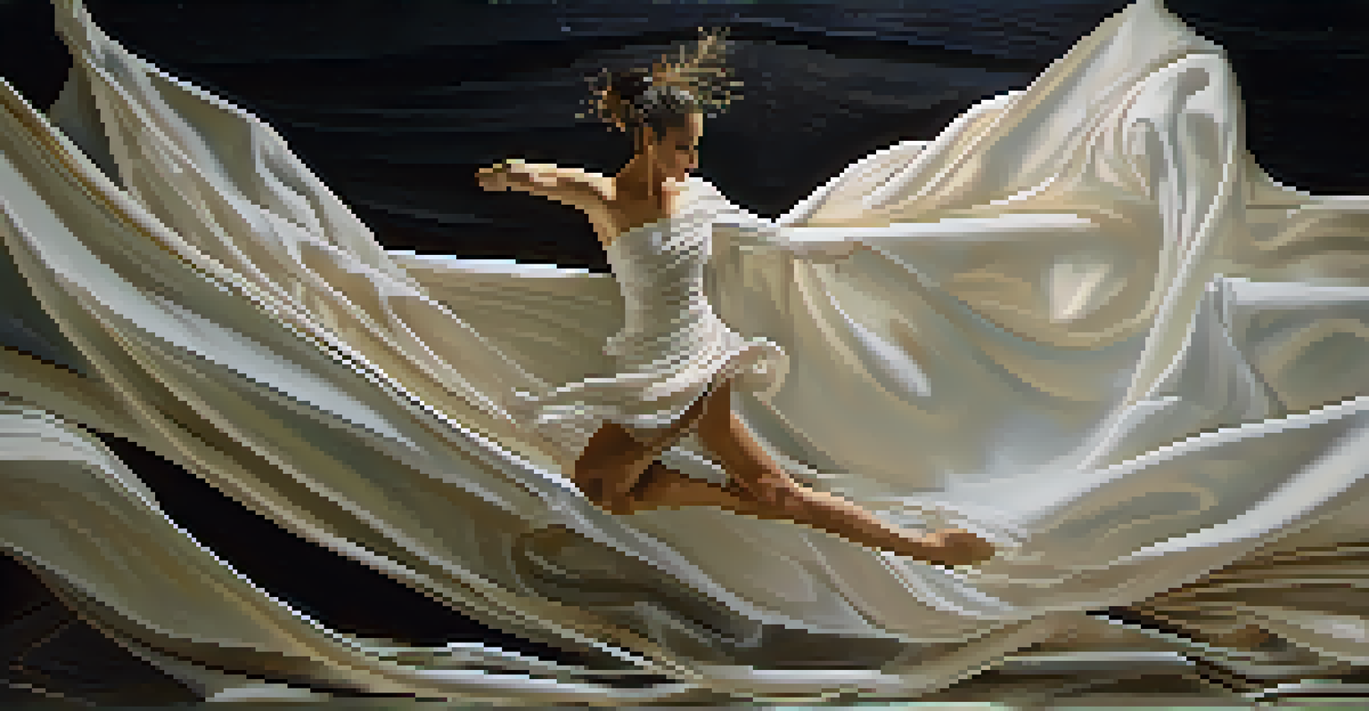 A dancer representing a flowing river with a costume made of shimmering fabric, surrounded by recycled materials and natural elements.