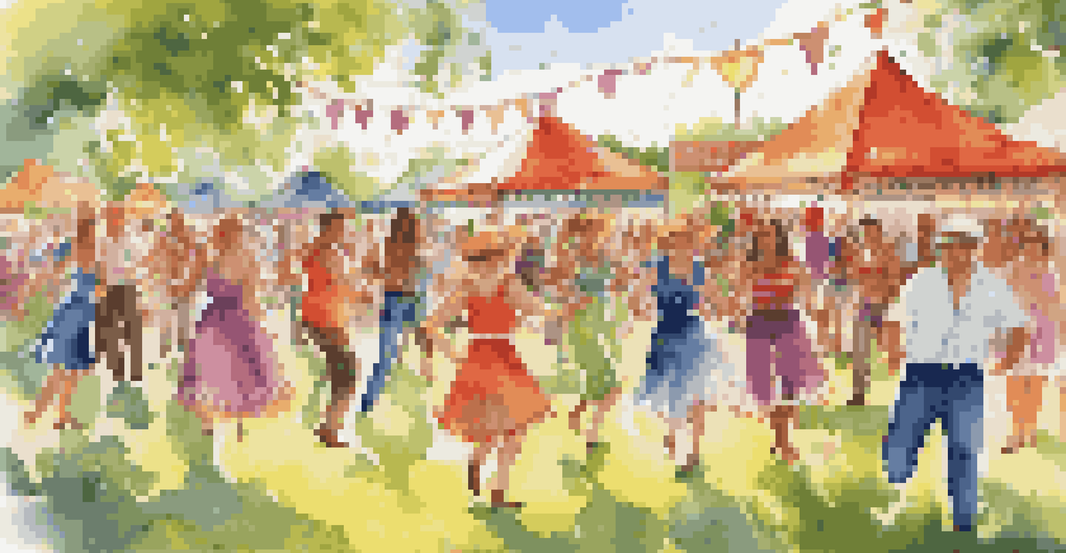 A colorful outdoor line dancing event at a summer festival with joyful participants and festive decorations.