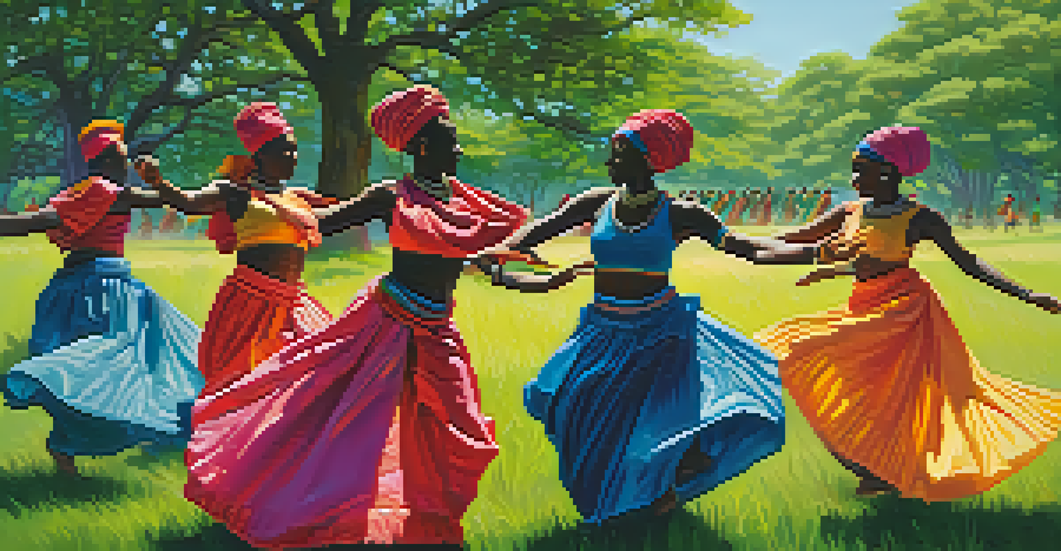 A group of dancers in colorful traditional African attire performing joyfully in a green field.