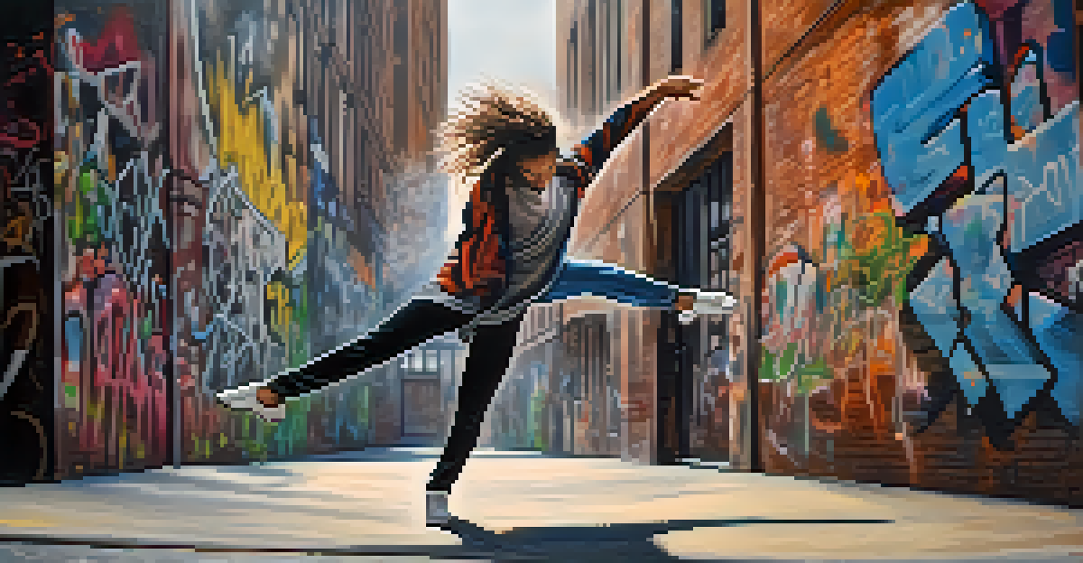 A contemporary dancer improvising in an urban area with graffiti-covered walls, expressing freedom and emotion through movement.