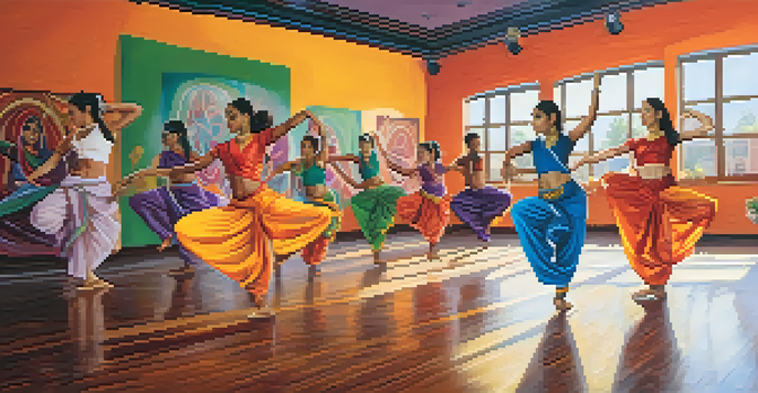 A dance studio with diverse dancers practicing hip-hop and traditional Indian dance, surrounded by colorful murals and warm lighting.