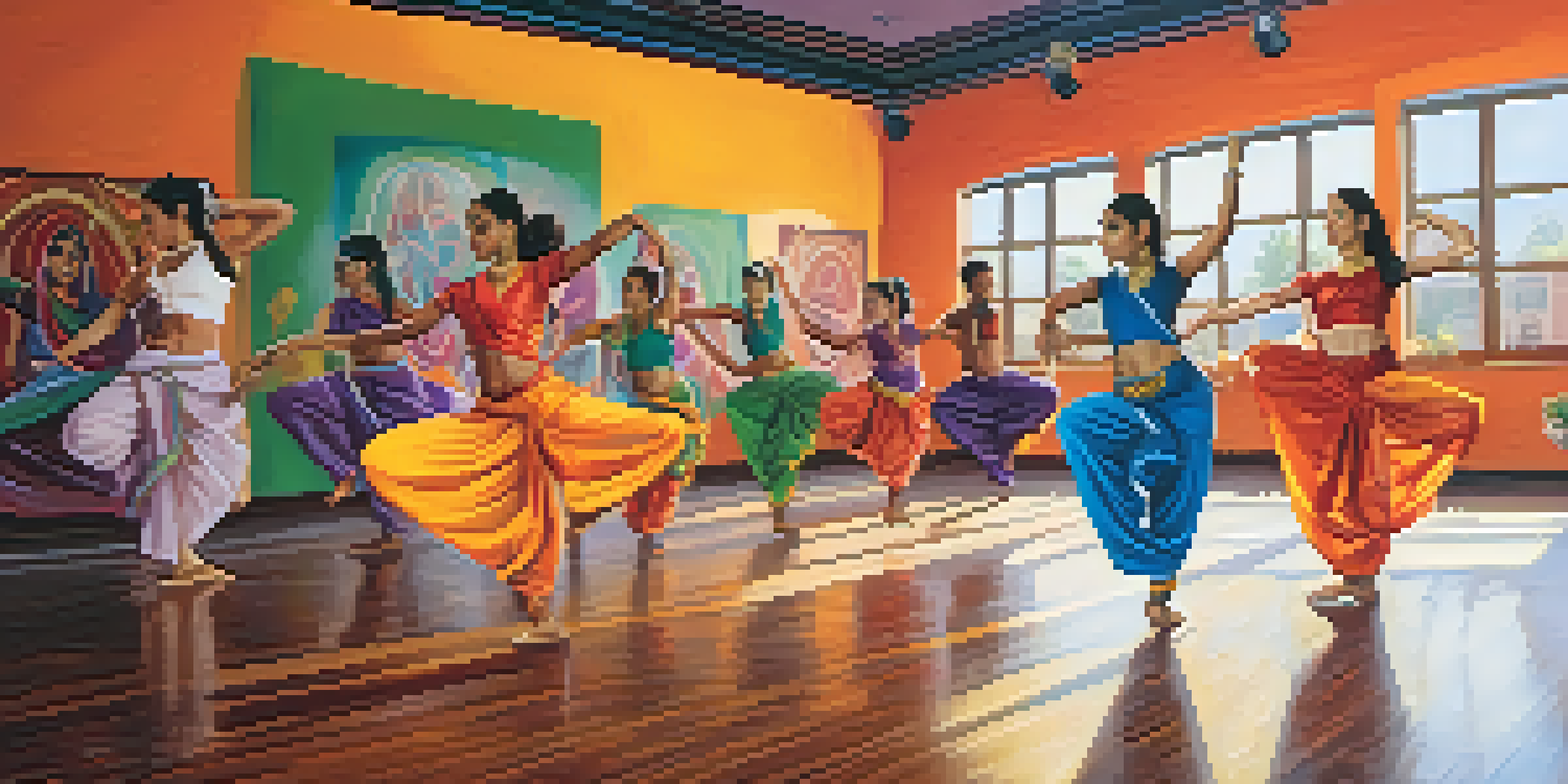 A dance studio with diverse dancers practicing hip-hop and traditional Indian dance, surrounded by colorful murals and warm lighting.