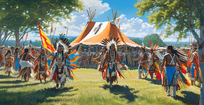 A lively Powwow with Native American dancers in colorful traditional attire performing in a circle, set against a bright blue sky and earthy ground.