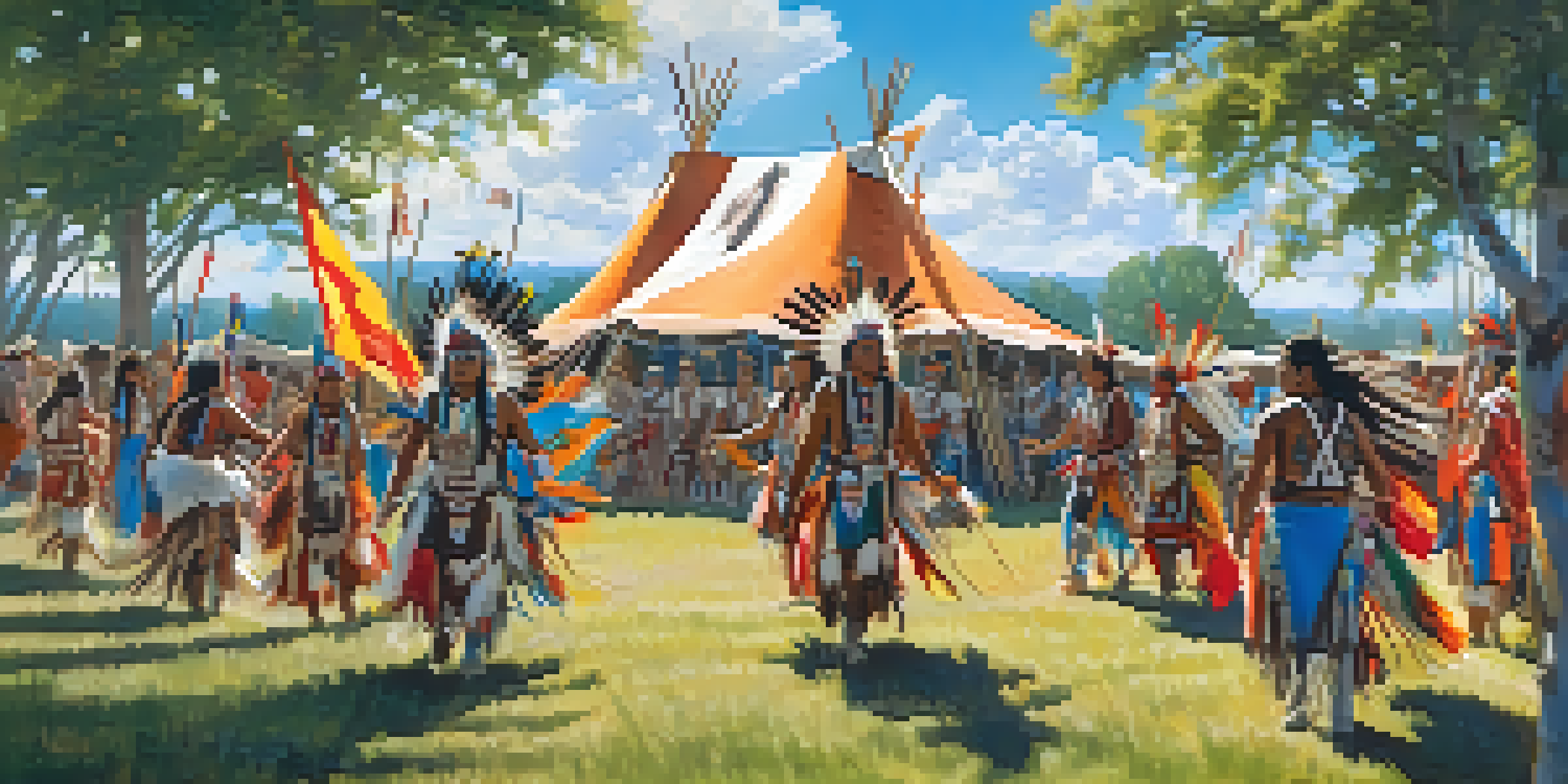A lively Powwow with Native American dancers in colorful traditional attire performing in a circle, set against a bright blue sky and earthy ground.