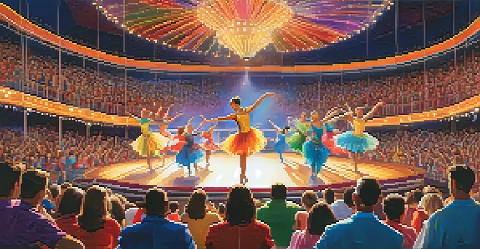 A lively dance competition with dancers in colorful costumes performing on stage, surrounded by a cheering audience and bright stage lights.