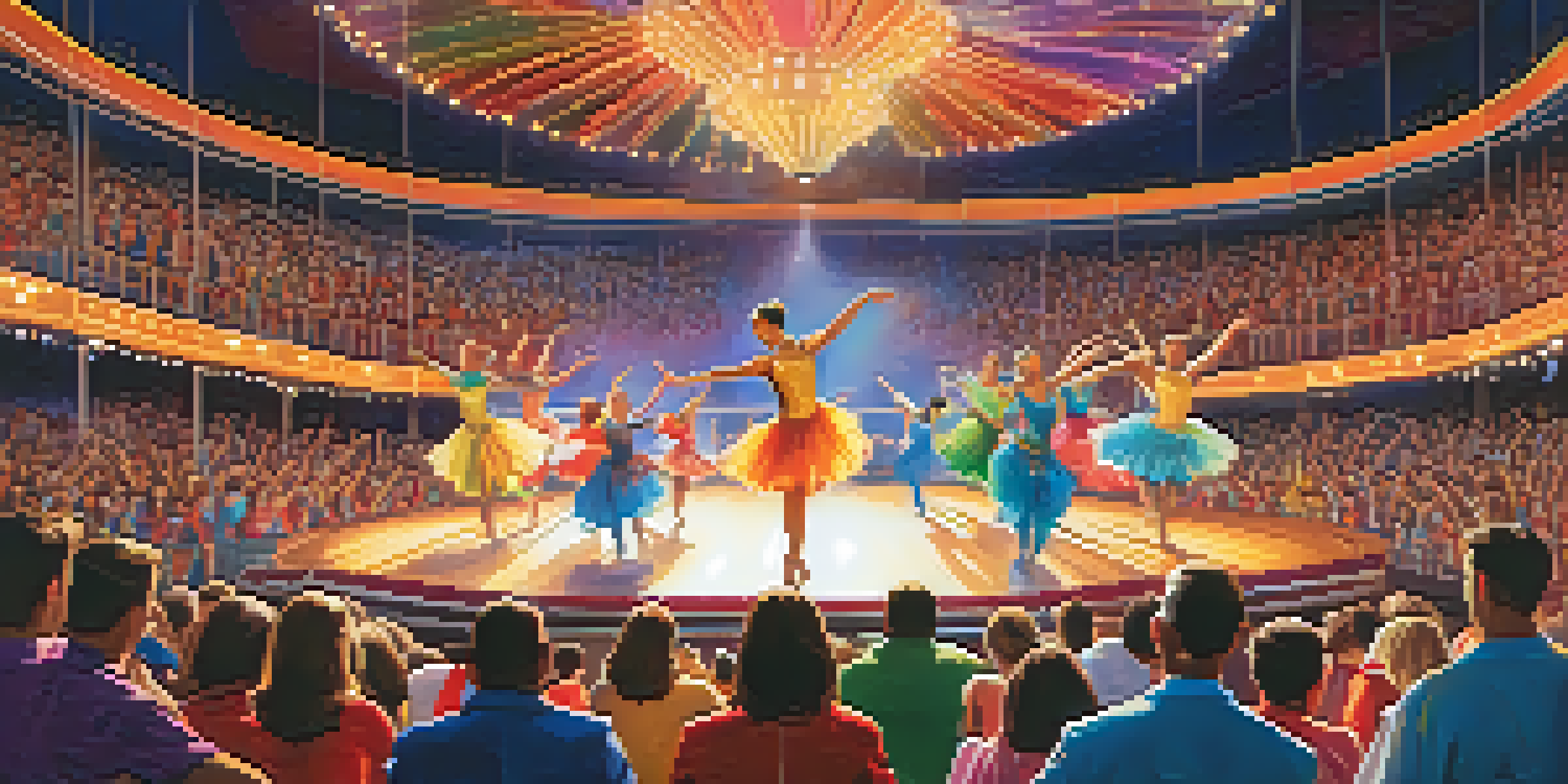 A lively dance competition with dancers in colorful costumes performing on stage, surrounded by a cheering audience and bright stage lights.