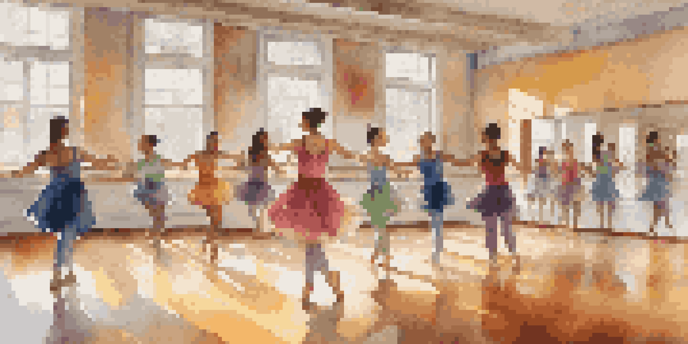 A dance class with diverse students practicing in a well-lit studio, with mirrors and colorful wall art.